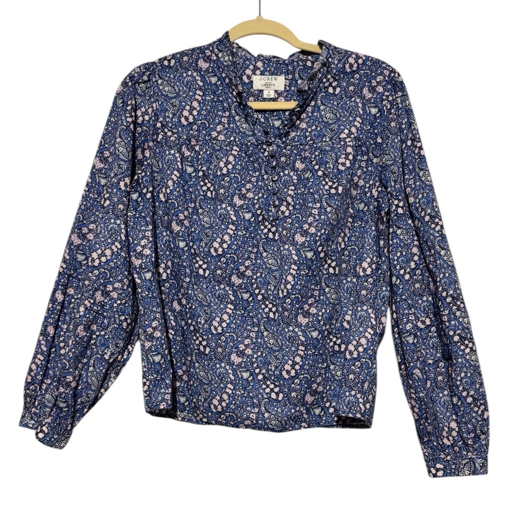 J Crew Liberty Fabric Blouse Top Size S Blue‎ Pink Floral Puff Sleeve Spring